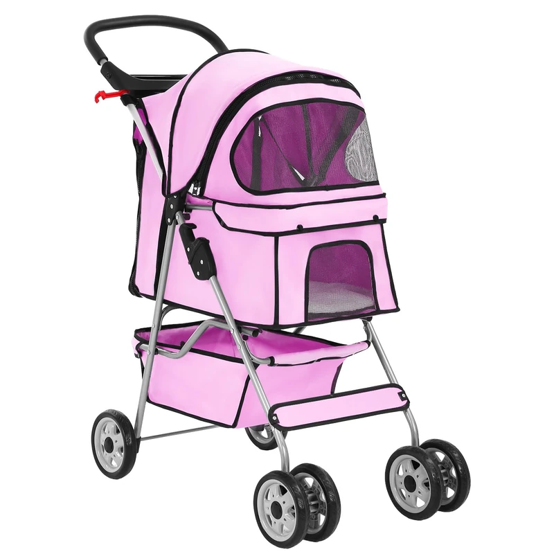 BestPet 4-Wheel Pet Stroller Dog and Cat Stroller Breathable Mesh Lightweight Travel Carrier Waterproof & Foldable Design Storage Basket for Daily Walks & Outdoor Use，Pink