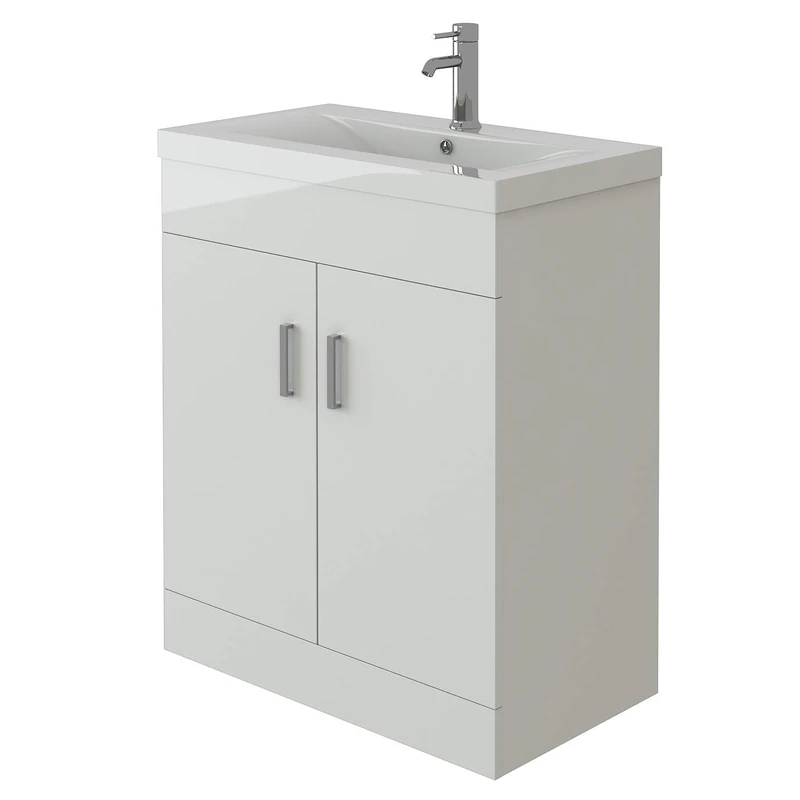 VeeBath EDGE700 Sobek High Gloss White Free Standing Basin Vanity Cabinet Unit with 2 Swing Doors & Rectangular Sink-700mm