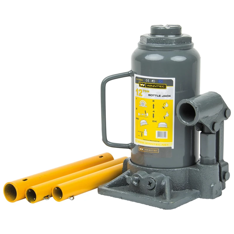 WINNTEC 12 Ton Hydraulic Bottle Jack, 214mm to 399mm Lifting Height with a 60mm Screw Extension
