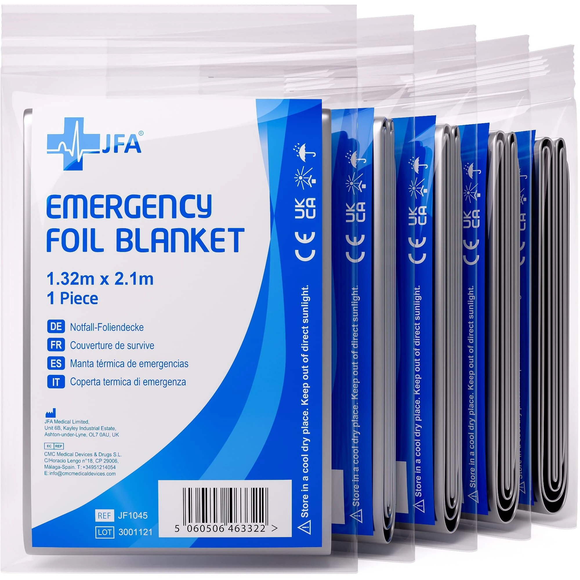 JFA Medical 5 x Individually Packaged Medical First Aid Foil Survival Blankets for personal use - reflective to maintain body heat