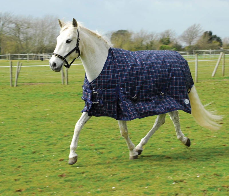 Rhinegold Zeus 350g Heavyweight 1000D Horse Turnout Rug in Navy Chk 6.6, Navy/Red Check