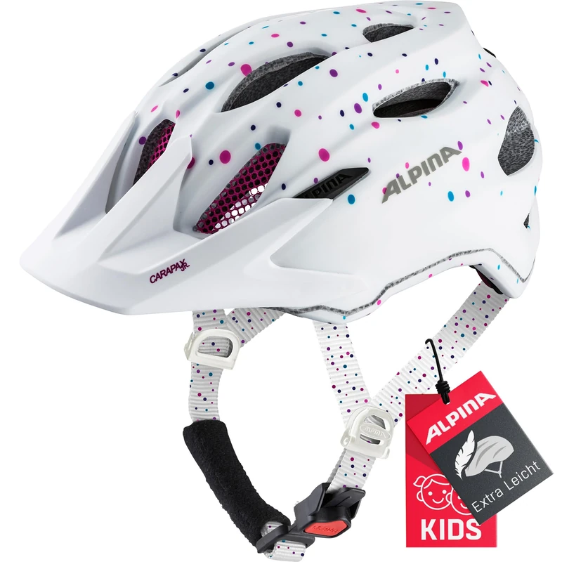 ALPINA Unisex - Children, CARAPAX JR. cycling helmet, white polka dots, 51-56 cm
