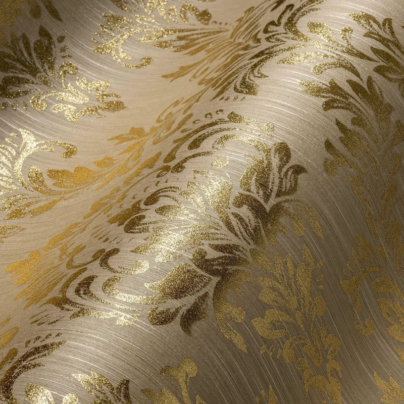 Architects Paper Textile Wallpaper Metallic Silk Wallpaper with Ornaments Baroque 10.05 m x 0.53 m Beige Metallic Made in Germany 306592 30659-2