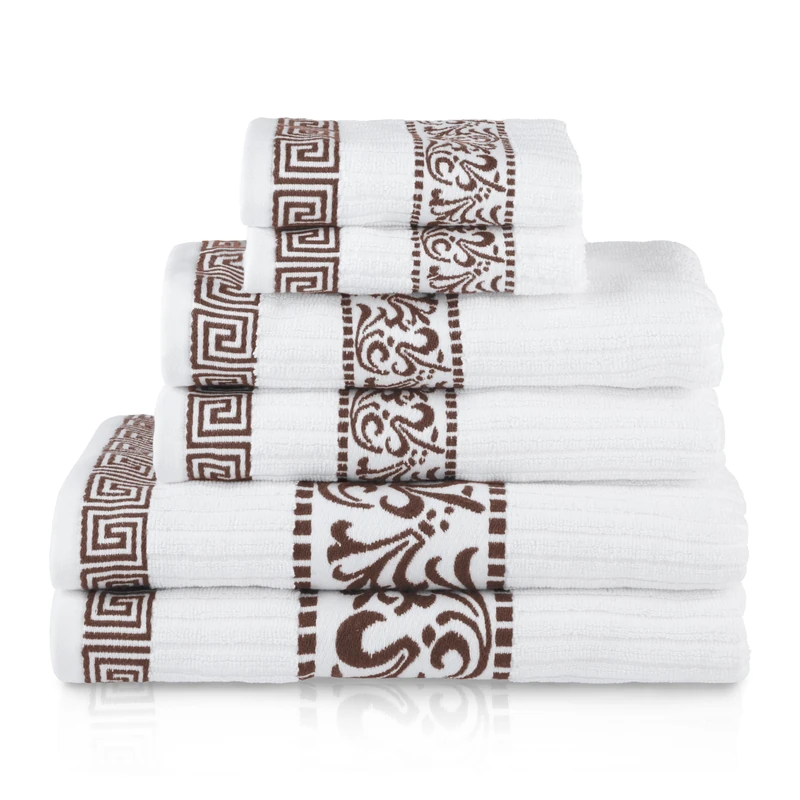 Superior 6-Piece Cotton Towel Set, Decorative Greek Pattern, Home Essentials, Absorbent Towels, Bathroom Decor, Spa, Resort, Includes 2 Hand, 2 Face and 2 Bath Towels, Athens Collection, Chocolate