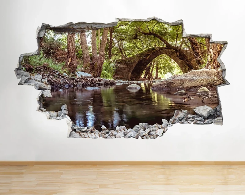 H919 River Bridge Forest Nature Smashed Wall Decal 3D Art Stickers Vinyl RoomKids Bedroom Baby Nursery Cool Livingroom Hall Boys Girls (HUGE (100x175cm))