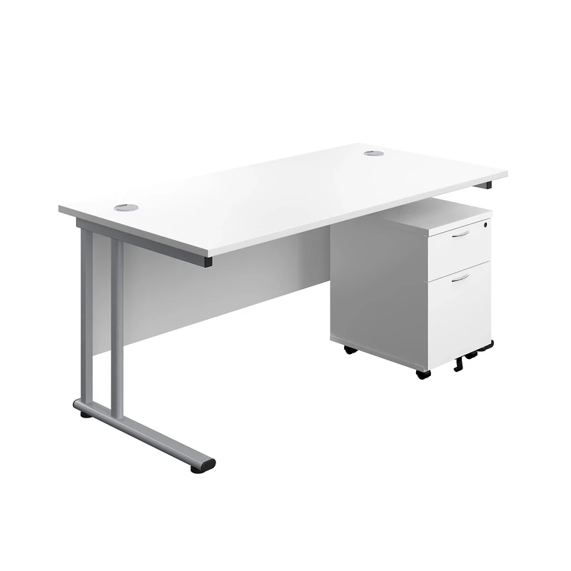 Office Hippo Professional Cantilever Office Desk With 2 Drawer Mobile Pedestal, Wood, White, Silver Frame, 160 x 80 x 73 cm