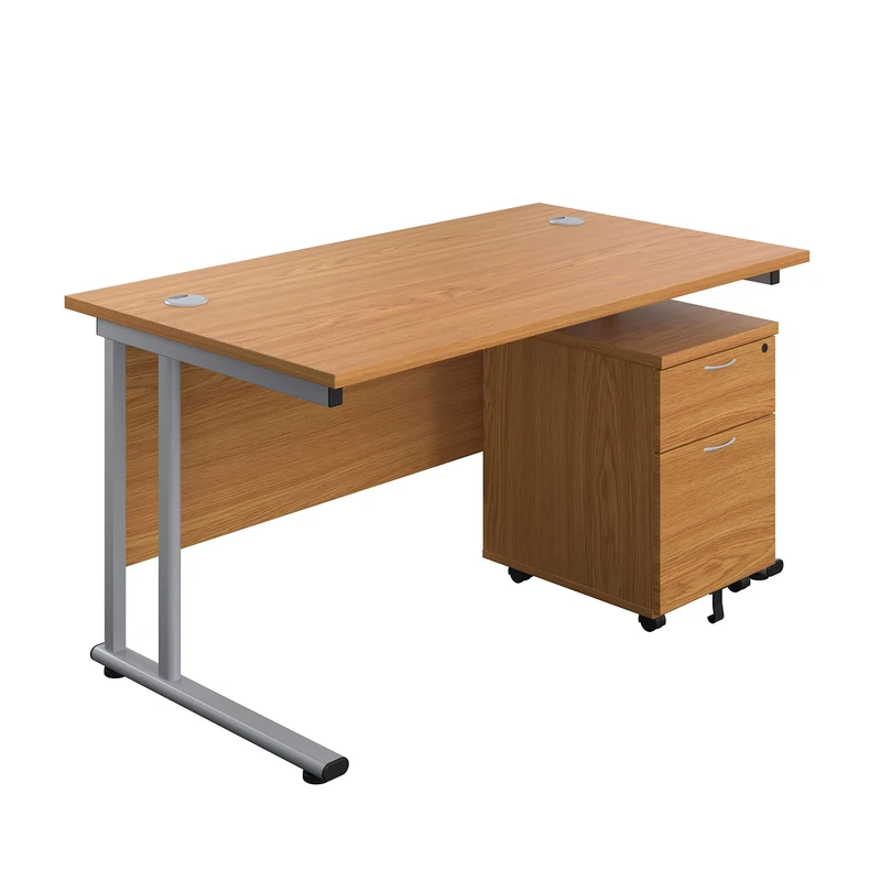 Office Hippo Professional Cantilever Office Desk With 2 Drawer Mobile Pedestal, Wood, Oak, Silver Frame, 140 x 80 x 73 cm