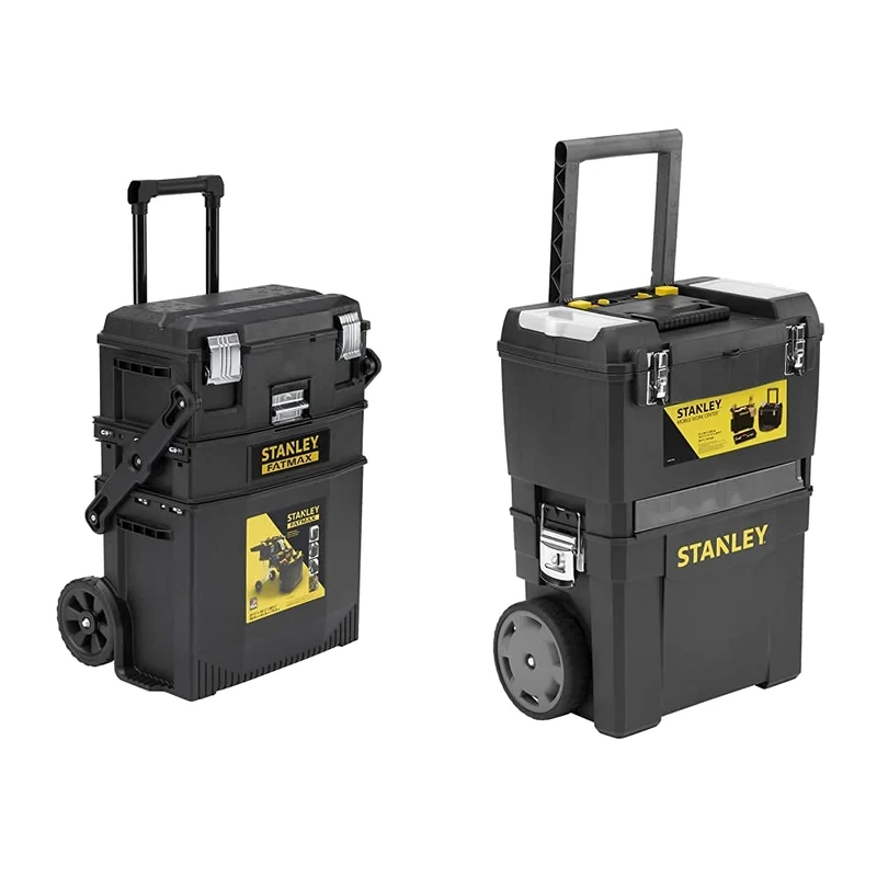 Stanley FATMAX Cantilever Rolling Toolbox Trolley, 4 Level Workstation with Portable Tote Tray for Tools and Small Parts, 1-94-210 & Mobile Work Centre Toolbox, 2 Tier Stackable Units, 1-93-968