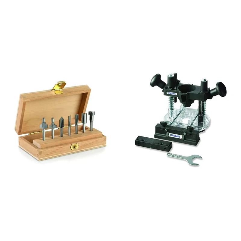 Dremel 335 Plunge Router Tool Attachment for Precision Routing, Cutting, Drilling and Trimming on Wood with 7 Multipurpose Router Bits for Rotary Tool in Wooden Tool Box, 3.2 mm Shank