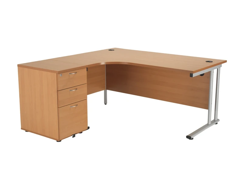 Office Hippo Heavy Duty Left Corner Radial Desk With 3 Drawer High Storage, Home Office PC Desk, Silver MFC - Beech Frame, 160cm x 160.4cm