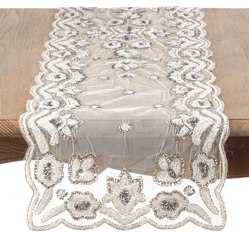 SARO LIFESTYLE Hand-Beaded Table Runner, Silver, 16"x72"