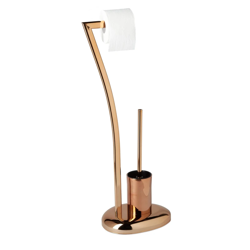 Relaxdays WIMEDO Toilet Brush and Holder, Size: 75 x 21 x 26 cm Toilet Paper Holder in Stainless Steel, Standing, Copper