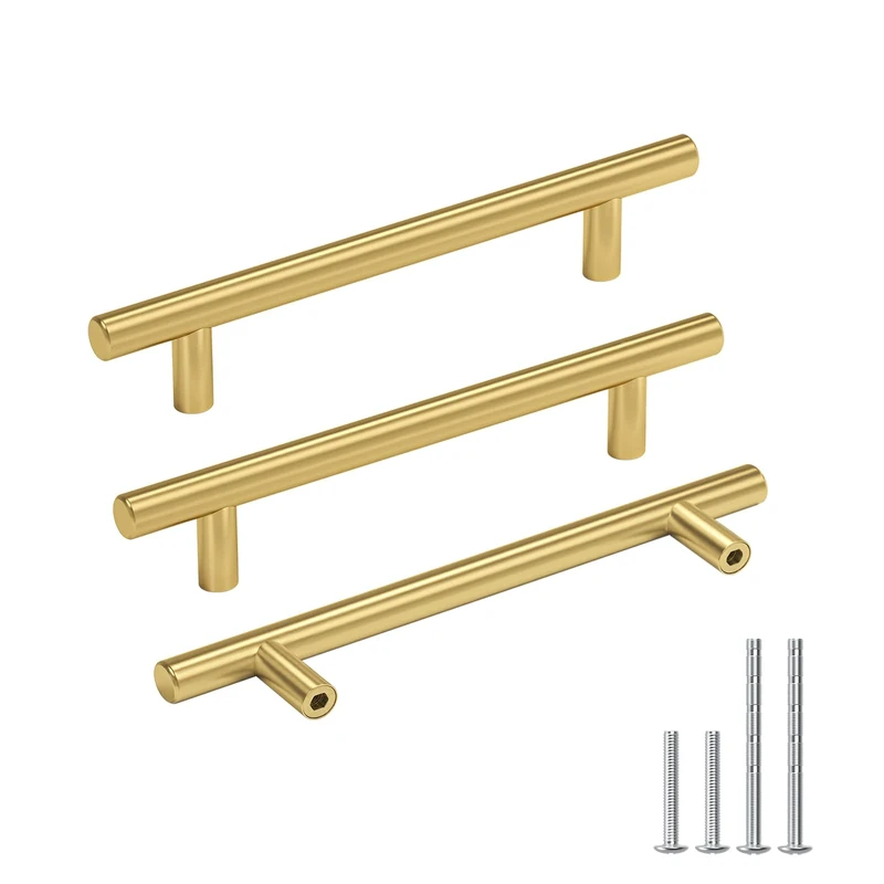 Goldenwarm 20pcs Brushed Brass Stainless Steel European Style T Bar Tube Pulls Kitchen Cabinet Door Hanldes Drawer Knobs Golden Hole Spacing 128mm 5in