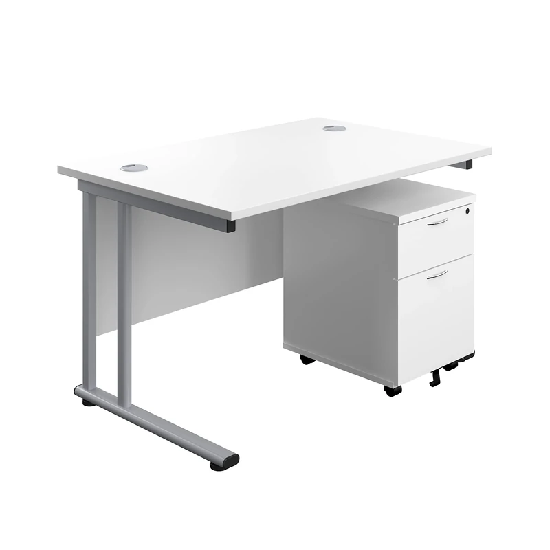 Office Hippo Professional Cantilever Office Desk With 2 Drawer Mobile Pedestal, Wood, White, Silver Frame, 120 x 80 x 73 cm