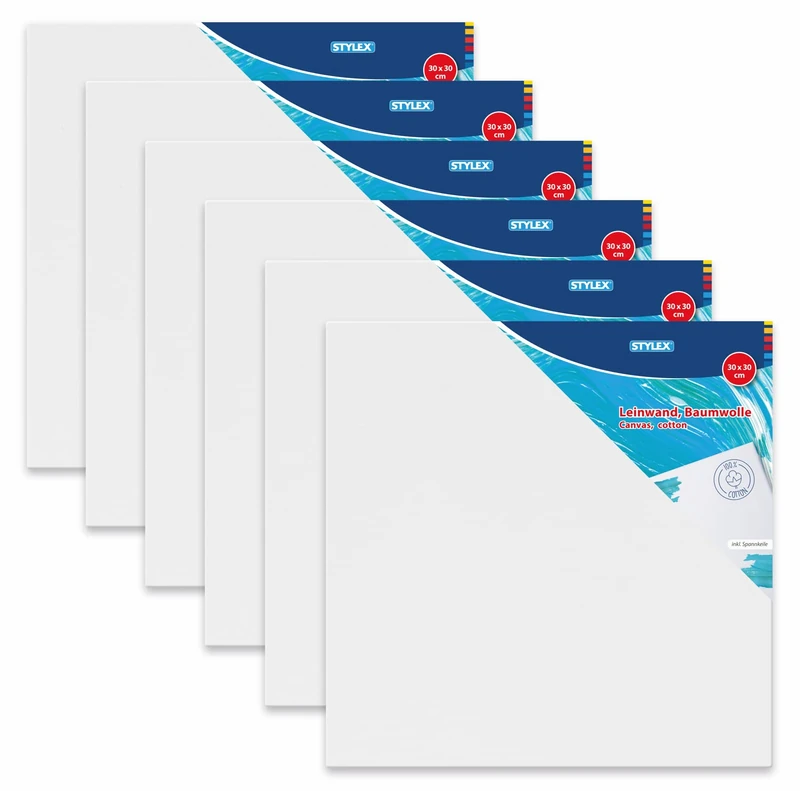 Stylex 28578-P6 Stretcher Frame 30 x 30 cm 100% Cotton Canvas Primed Back Stapled for Oil Acrylic Tempera Paints Gouache Painting Pack of 6