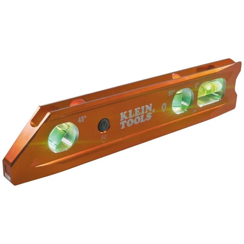 Klein Tools 935RBLT Level, Lighted Torpedo Level with Magnet, 3 Vials and V-Groove, Water and Impact Resistant, Great for Conduit Bending High-Visibility Orange