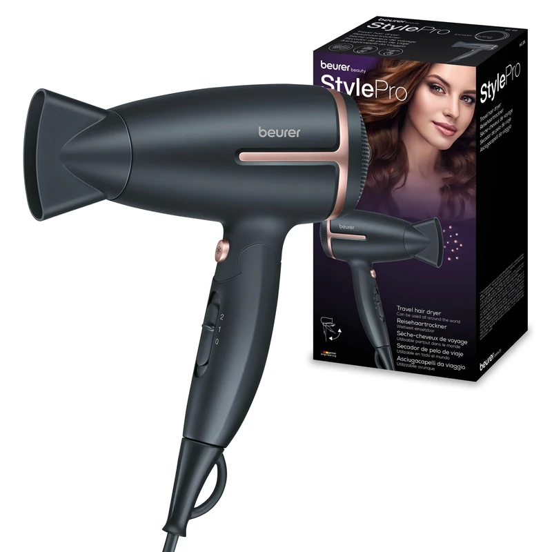 Beurer HC 25 travel hair dryer with ion function, small, foldable and lightweight, 1600 watts, voltage switching from 110-120 /220-240 V, 25.9 x 8 x 15.6 cm, black/rose