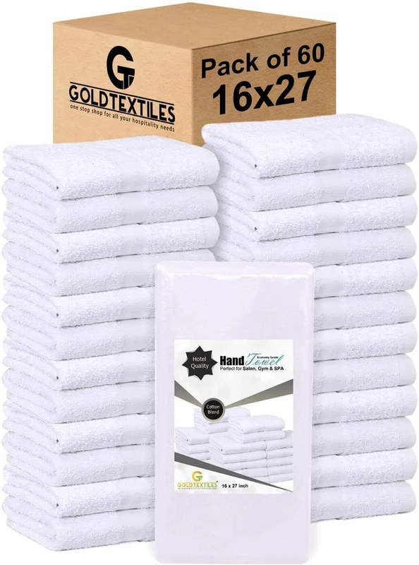 GOLD TEXTILES (5 Dozen 60 Pcs New White (16x27 Inch) Cotton Blend Salon-Towels Gym-Towel Hand-Towel