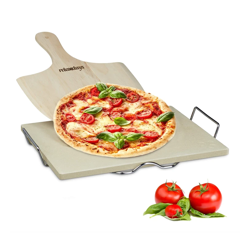 Relaxdays Pizza Stone Set, 1.5 cm Thick, Metal Holder and Wooden Pizza Peel Shover of 7 x 43 x 31.5 cm, Natural
