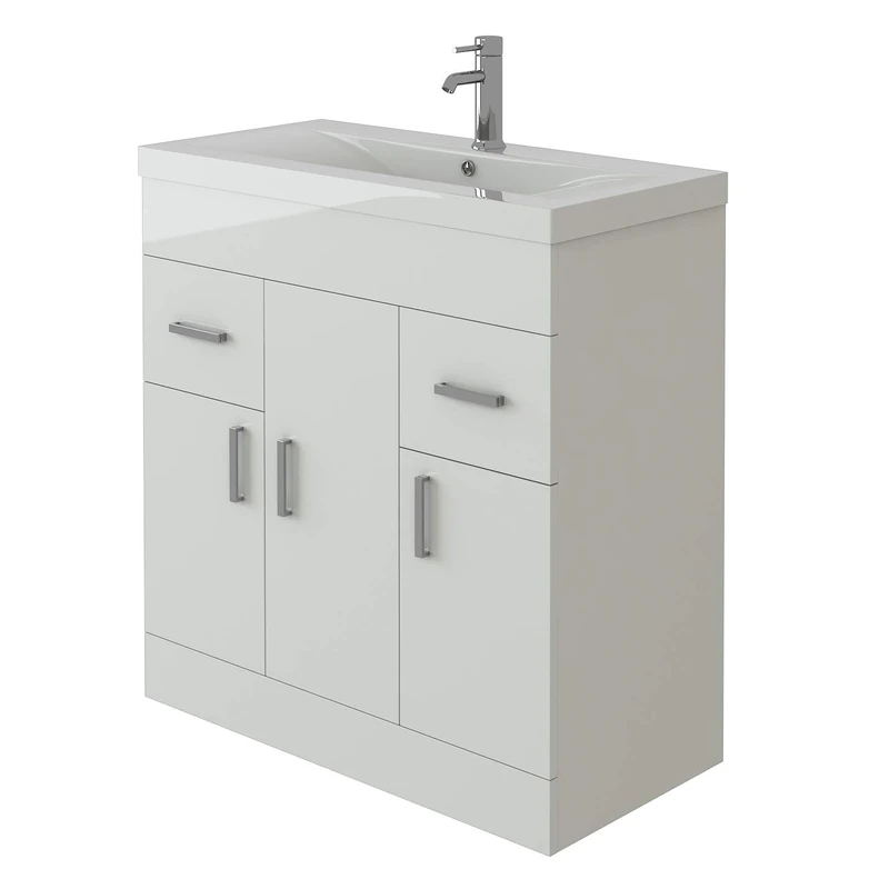 VeeBath EDGE800 Sobek Free Standing Basin Vanity Cabinet Unit with Doors Drawers & Rectangular Sink-800mm, White