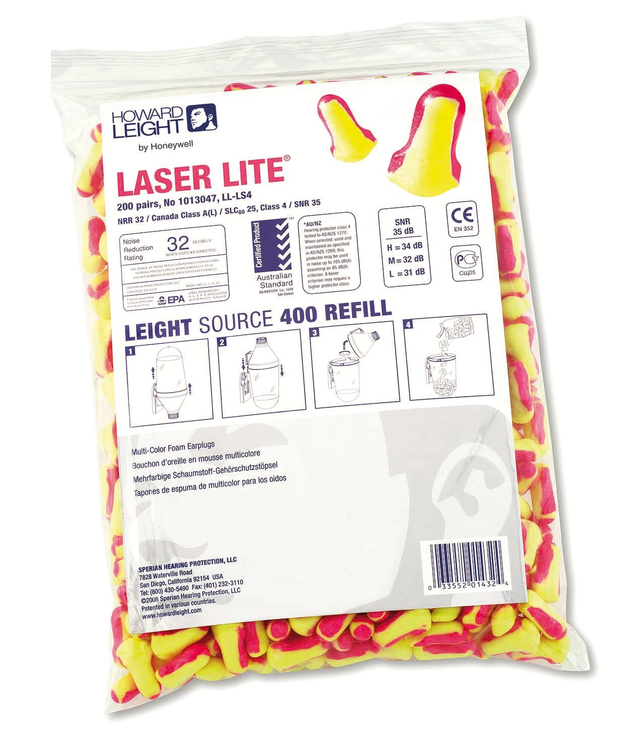 Howard Leight by Honeywell Laser-Lite Single-Use Earplug Refill Pack, SNR 35, 200 pairs