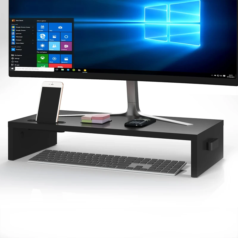 BONTEC Monitor Stand Riser, Wooden Desk Riser for Monitor and Laptop, 540mm Extra Wide PC Stand with Cable Slots, Phone Holder, 30kg Load, Ergonomic Desktop Organiser for Home Office Desk