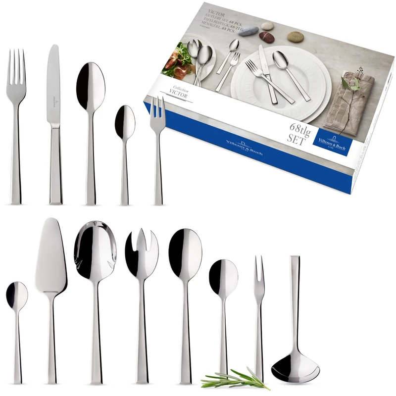 Villeroy & Boch – Victor Cutlery Set 68 Pieces for 12 People, Dishwasher Safe, Rustproof, Knife, Fork, Spoon, Luxury Cutlery Set, Dinner, 18/10 Stainless Steel