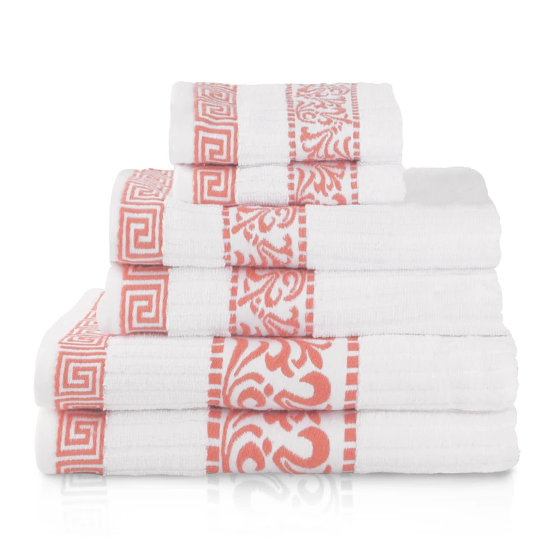 Superior 6-Piece Cotton Towel Set, Decorative Greek Pattern, Home Essentials, Absorbent Towels, Bathroom Decor, Spa, Resort, Includes 2 Hand, 2 Face and 2 Bath Towels, Athens Collection, Coral