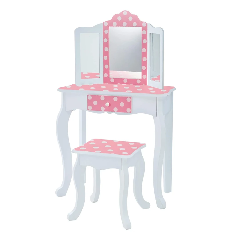 Teamson Kids Princess Gisele Polka Dot Print 2-Piece Kids Wooden Play Vanity Set with Vanity Table, Tri-Fold Mirror, Storage Drawer, and Matching Stool, White with White/Pink Polka Dot Accent