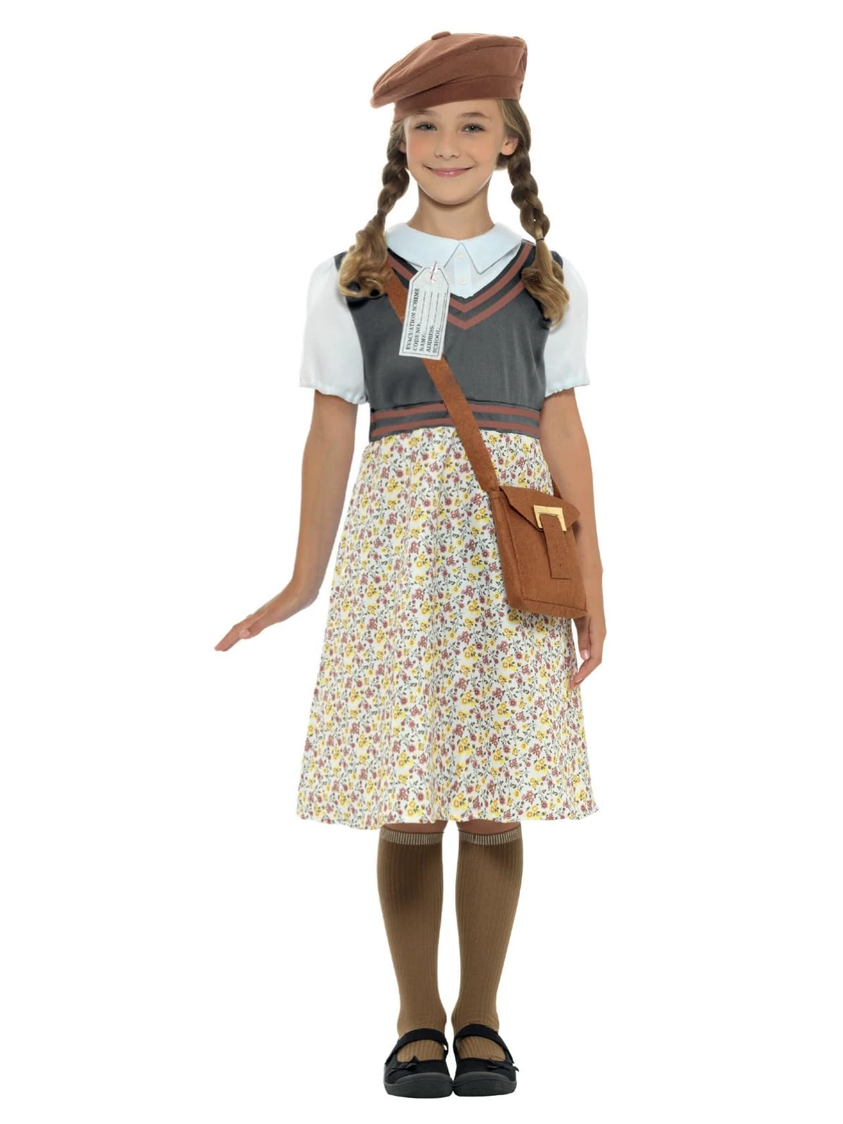 Smiffys Evacuee School Girl Costume, Grey with Dress, Hat, Bag & Name Tag, Girls Fancy Dress, Child Dress Up Costumes