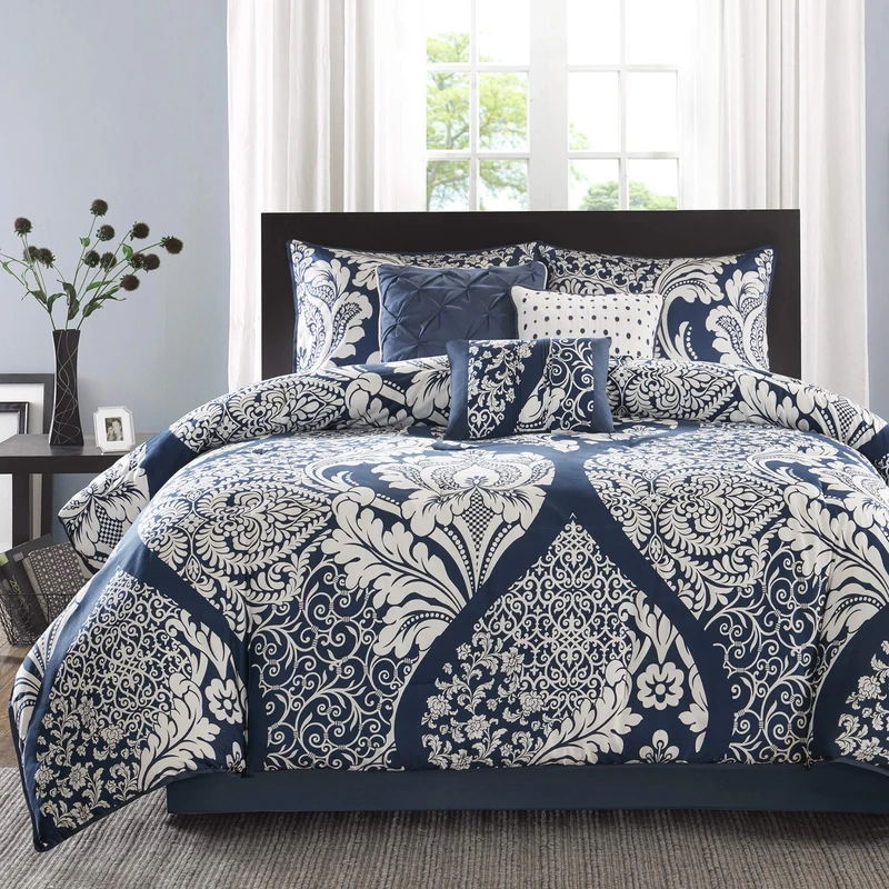 Madison Park All Season Lightweight Bedding, Shams, Bedskirt, Decorative Pillows, cotton sateen, 100% polyester, Vienna Indigo, Queen(90"x90")