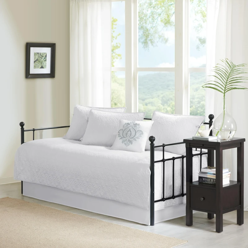 Madison Park Quebec Daybed Size Quilt Bedding Set - White, Damask – 6 Piece Bedding Quilt Coverlets – Ultra Soft Microfiber Bed Quilts Quilted Coverlet - Image 1