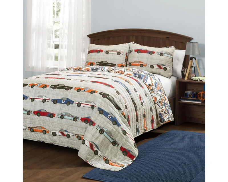 Lush Decor Race Cars 2 Piece Quilt Set, Blue/Orange, Twin