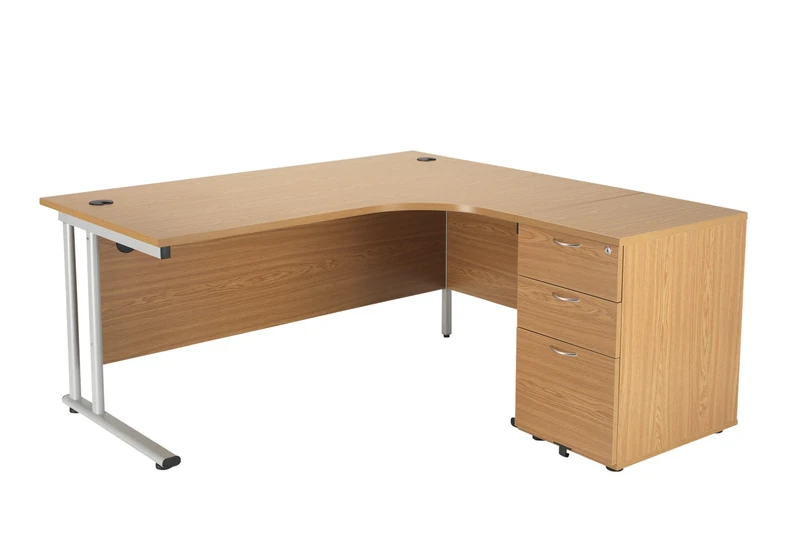 Office Hippo Heavy Duty Right Corner Radial Desk - 3 Drawer High Storage, Home & Office Use, 5 Yr Warranty, MFC - Oak, Silver Frame, 160cm x 160.4cm