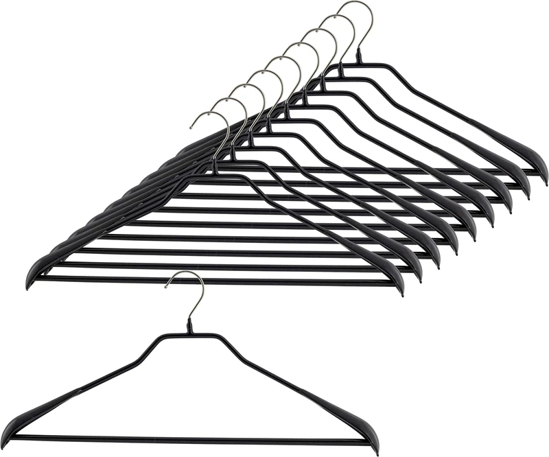 MAWA Hanger for Clothes, Bodyform LS, Set of 10, with Trouser Bar for Outerwear, Coats, Jackets and Pants, 360° Rotatable, with Anti-slip coating, 42 cm, Black