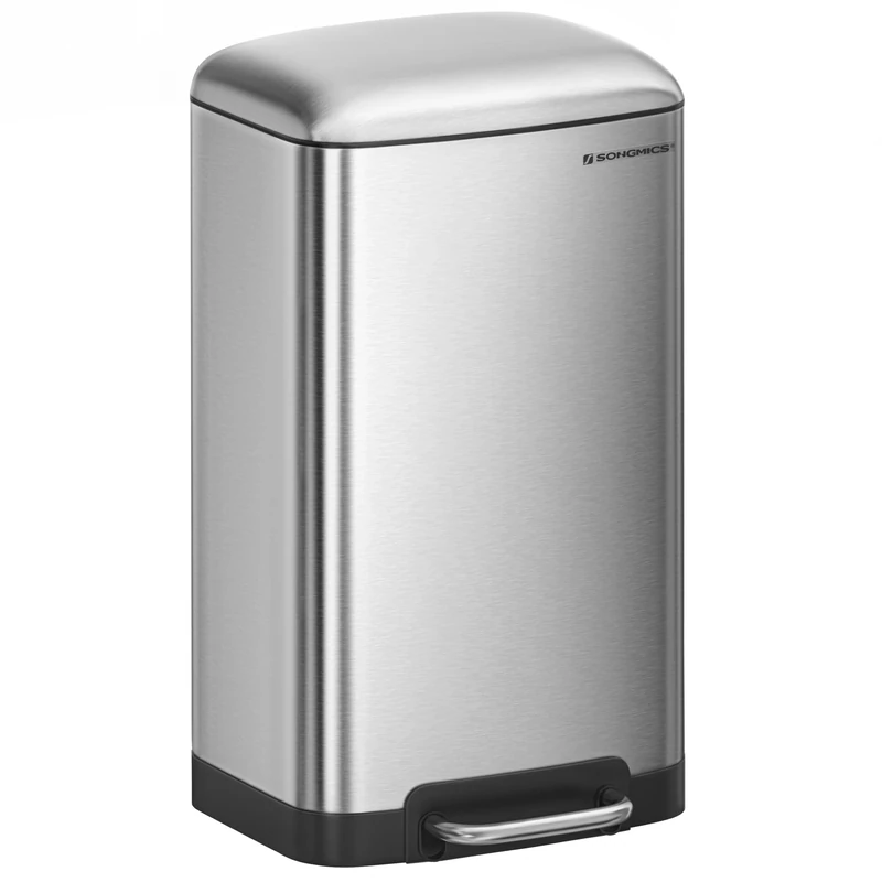 SONGMICS Kitchen Bin, 8 Gallon (30L) Rubbish Bin, Steel Pedal Bin with Lid and Inner Bucket, Soft Close, Silver LTB01L