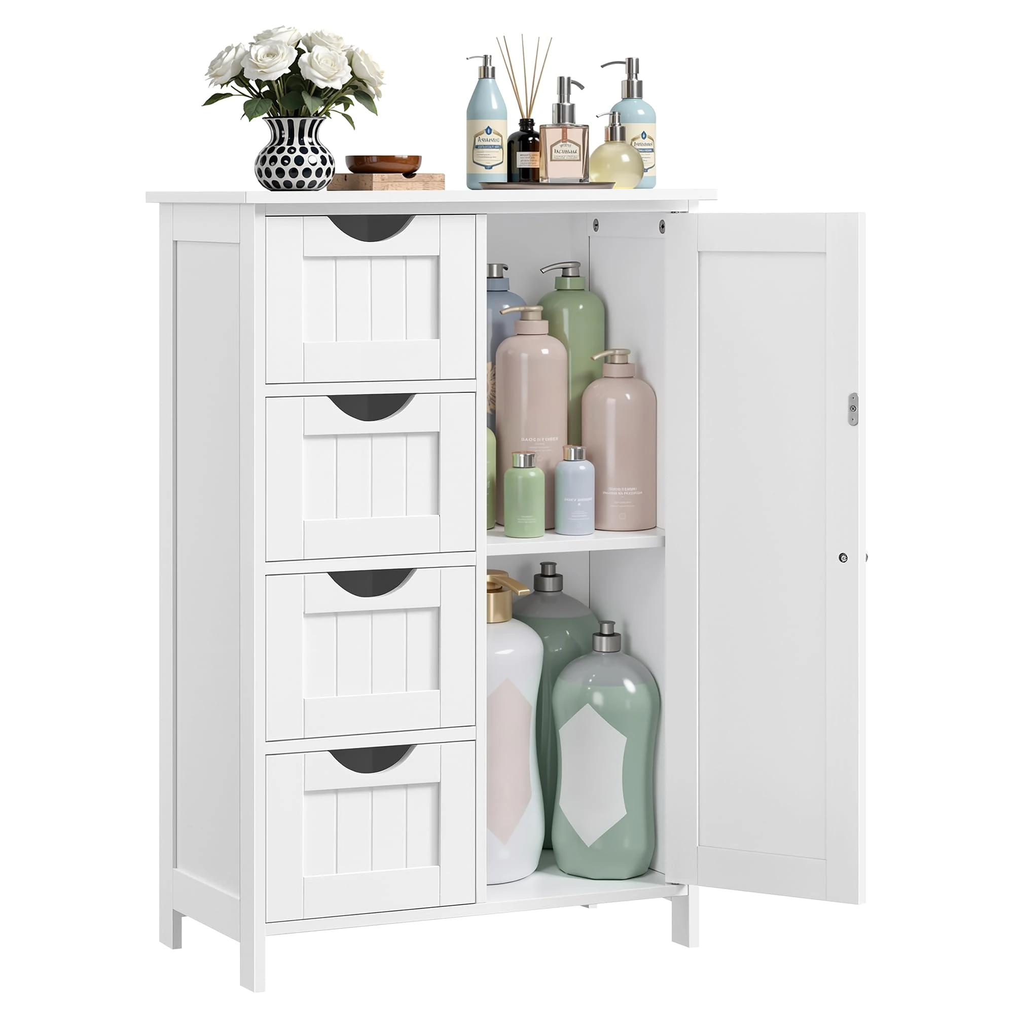 VASAGLE Bathroom Floor Storage Cabinet, Wooden Storage Unit with 4 Drawers, Single Door, Adjustable Shelf, for Living Room, Kitchen, Entryway, White LHC41W