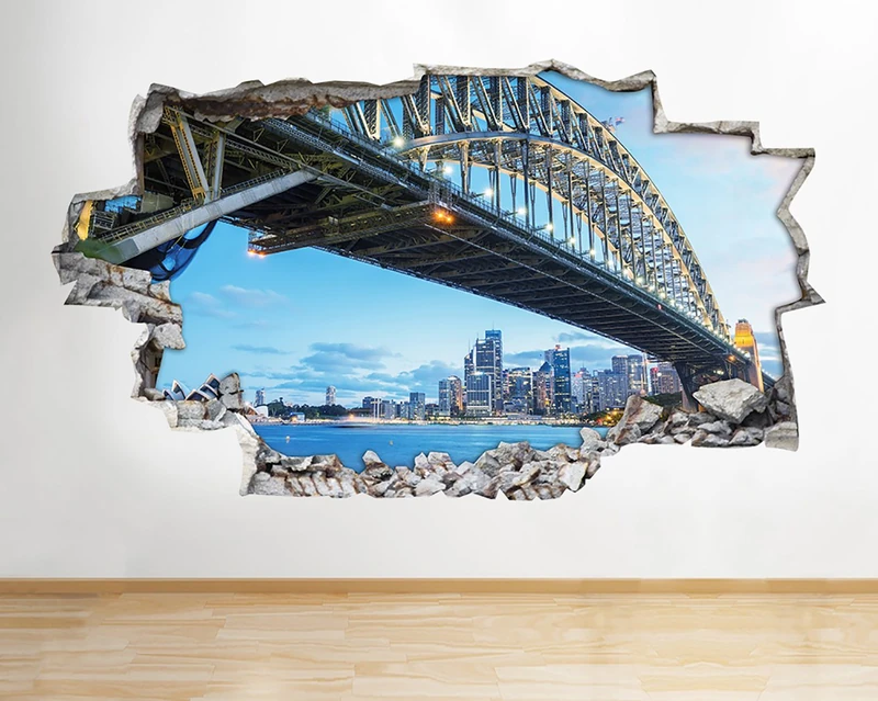 H654 City Skyline Bridge Sydney Smashed Wall Decal 3D Art Stickers Vinyl RoomKids Bedroom Baby Nursery Cool Livingroom Hall Boys Girls (HUGE (100x175cm))