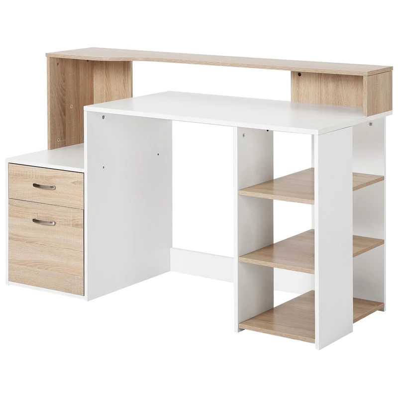 HOMCOM Computer Desk PC Table Modern Home Office Writing Workstation Furniture Printer Shelf Rack w/Storage Drawer & Shelves (Oak and white)
