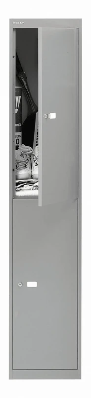 Office Hippo Bisley Steel Locker, Two Door, Fully Lockable Metal Storage With Coat Hooks, Metal Cabinet, Goose Grey, 30.5 x 45.7 x 180.2 cm