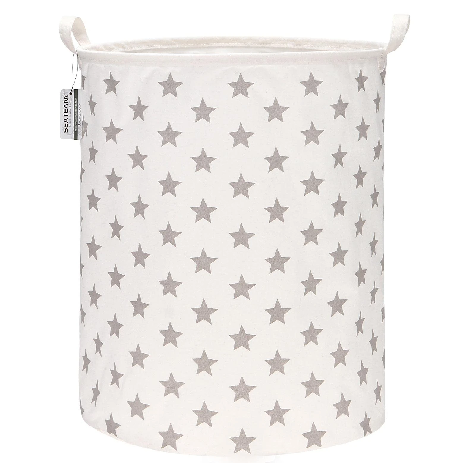 Sea Team 19.7 Inch Large Sized Waterproof Coating Ramie Cotton Fabric Folding Laundry Hamper Bucket Cylindric Burlap Canvas Storage Basket with Stylish Grey Stars Design