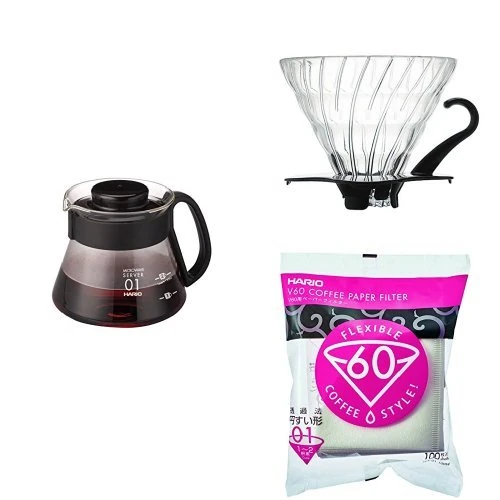 Hario V60 Coffee Glass Server and V60 Glass Dripper 01 Black with V60 White Filter Papers