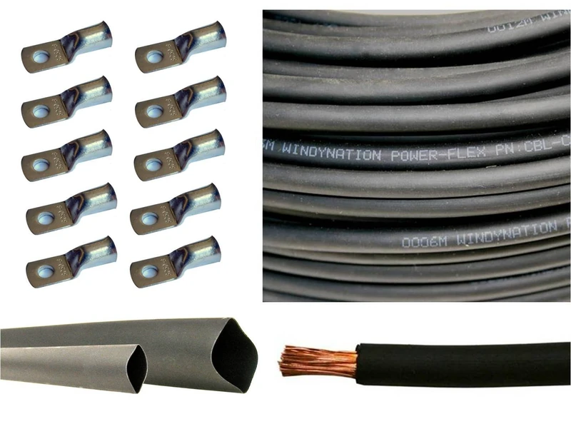 4 Gauge 4 AWG 10 Feet Black Welding Battery Pure Copper Flexible Cable + 10pcs of 3/8" Tinned Copper Cable Lug Terminal Connectors + 3 Feet Black Heat Shrink Tubing