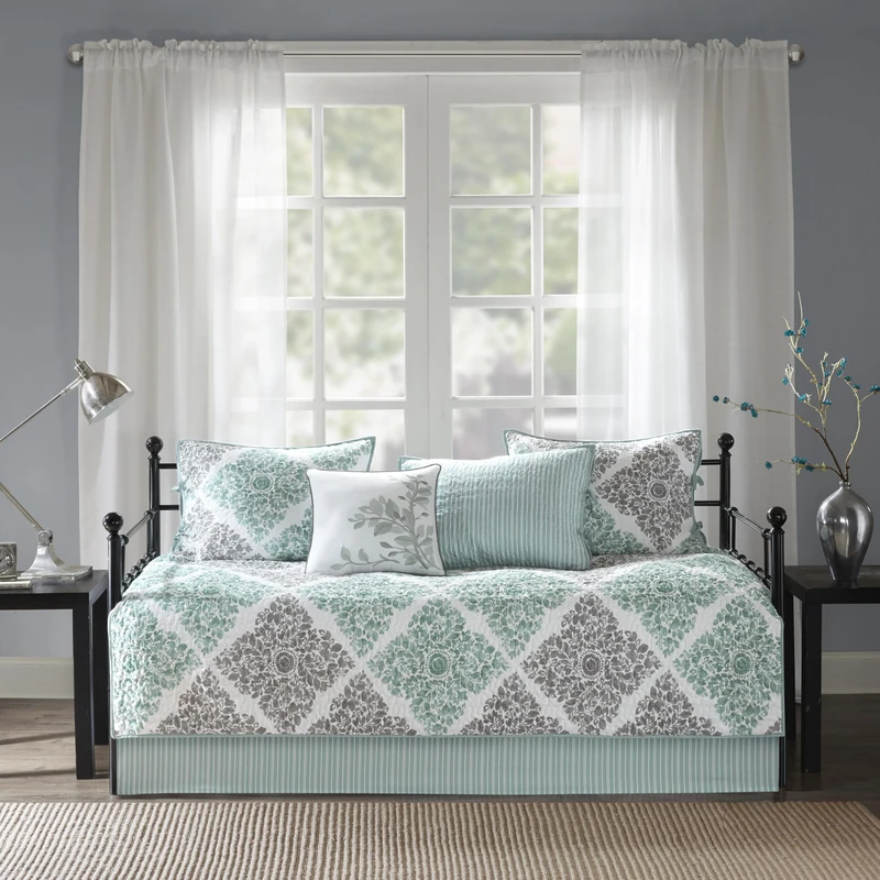 Madison Park All Season Bedding with Bedskirt, Matching Shams, Decorative Pillow, Polyester, Claire, Aqua, 75"x39"