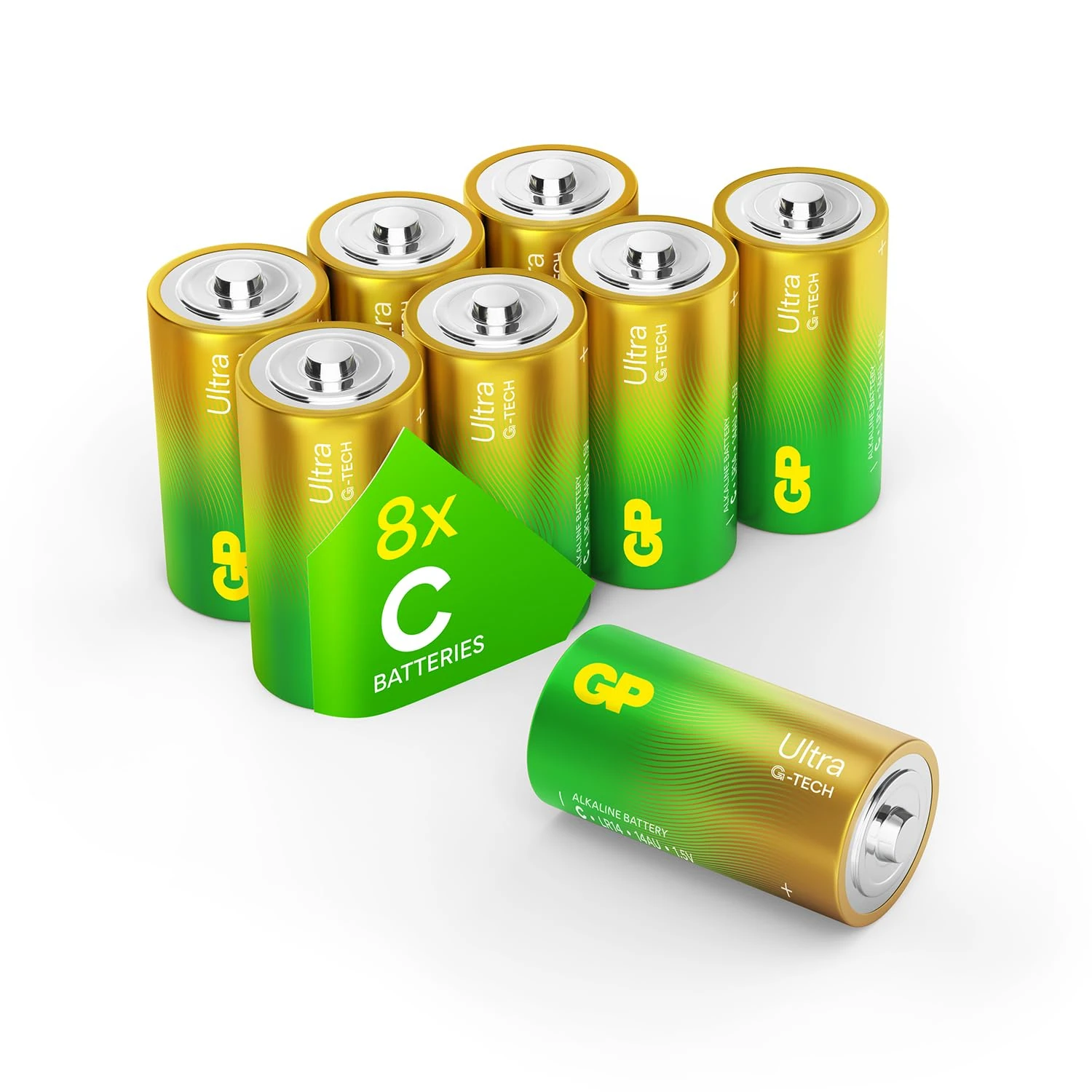 GP C batteries 8 pack 1.5v batteries C Battery size - C Cell battery Pack of 8 also known as 14AU or LR14