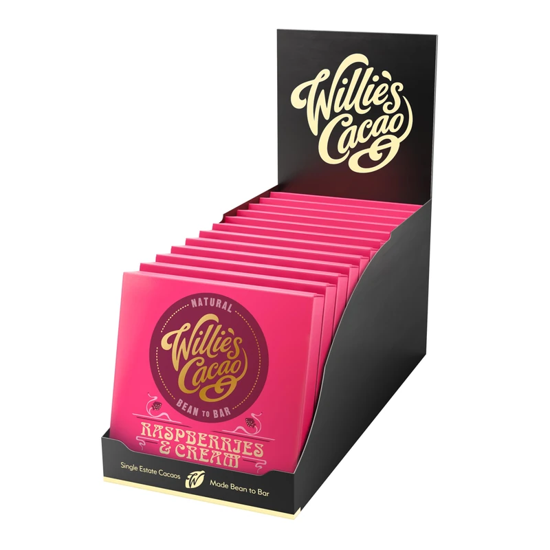 Willie's Cacao Bar - Raspberries and Cream, White Chocolate bursting with Raspberry - 50g x 12 - Artisan made