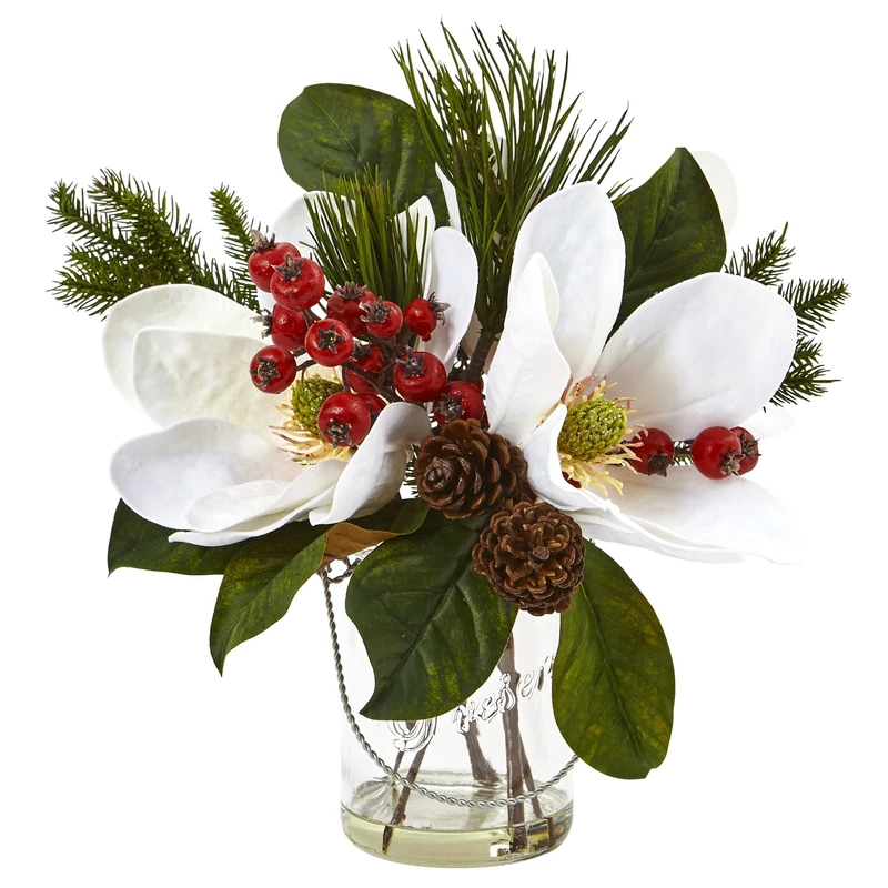 Nearly Natural Magnolia, Pine, and Berry Holiday Arrangement in Glass Vase, White, 14.25'' x 7.25'' x 8.25''