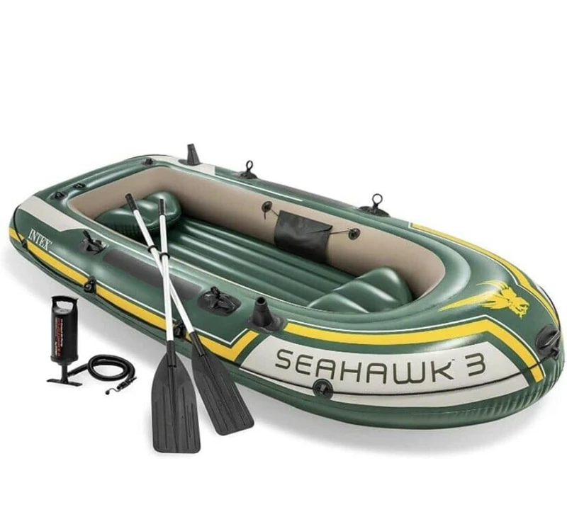 Intex Water Sports + Intex Seahawk 3 Inflatable Dinghy man Boat with Oars Air Pump, Green, 295 x 137 43 cm UK