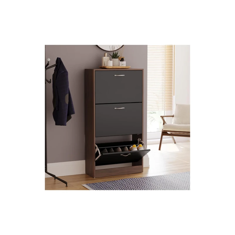 Vida Designs Shoe Cabinet, Wooden Shoe Storage Unit with 3 Pull-Down Drawers, Multifunctional Dust-Proof Space-Saving Slim Cupboard for Hallway or Entryway (Walnut & Black)
