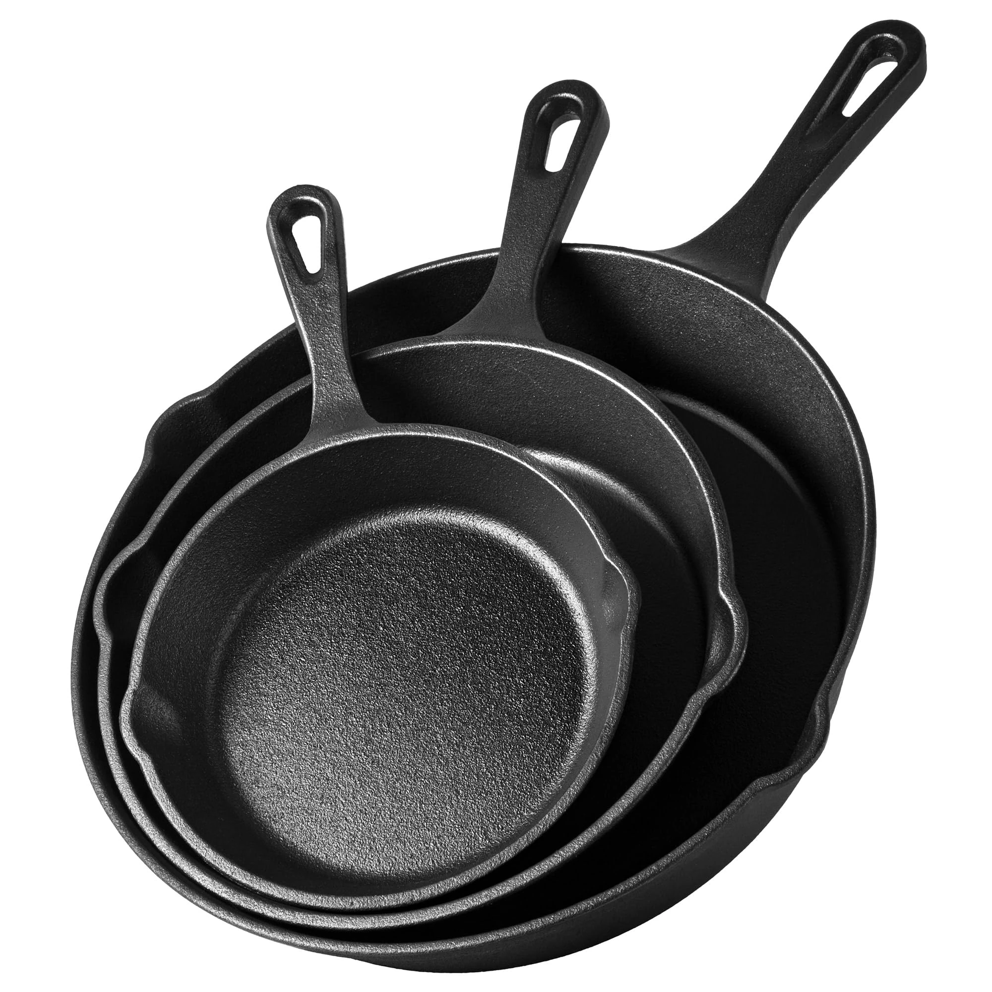 VonShef Cast Iron Skillet Pan Set, 3pc Pre-Seasoned Non-Stick Heavy Duty Frying Pan Set, Oven Safe Grill Pans Suitable for All Hob Types, 6", 8", 10"